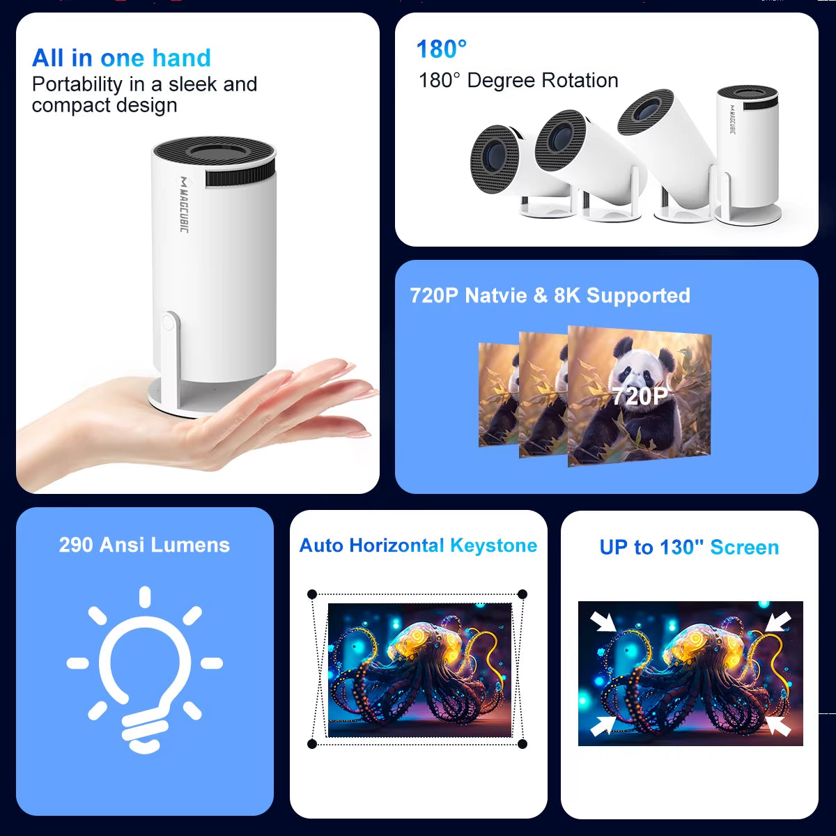 HY300 Pro 8K Android Projector - Dual WiFi 6, 290 ANSI, Allwinner H726, Bluetooth 5.4, 1080P Home & Outdoor Cinema Experience